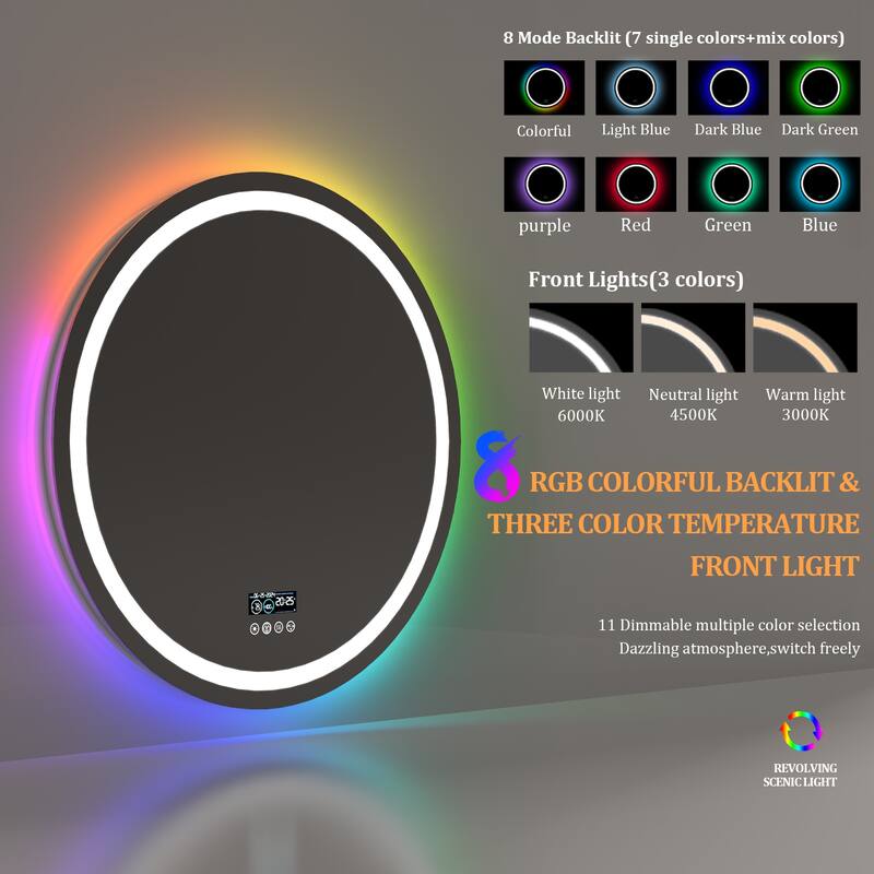 Smart Colorful RGB LED Illuminated Fog-free Extra Large Bathroom Mirror with Bluetooth Speakers, Digital Display
