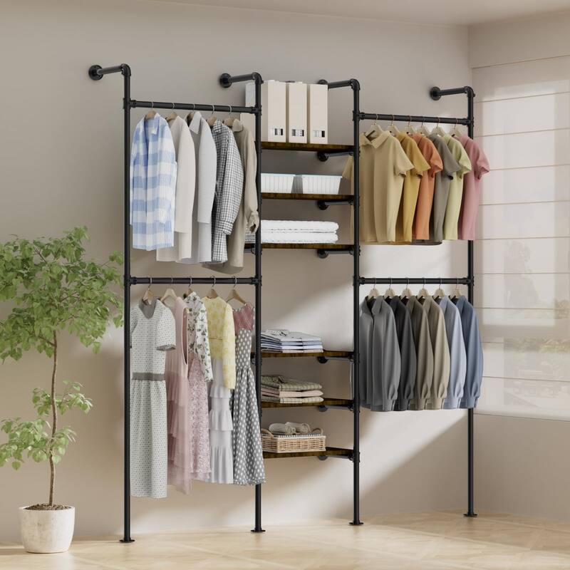 Industrial Pipe Clothing Racks, Heavy Duty Garment Rack Closet Wardrobe Rack with Shelves, Closet Clothes Rack