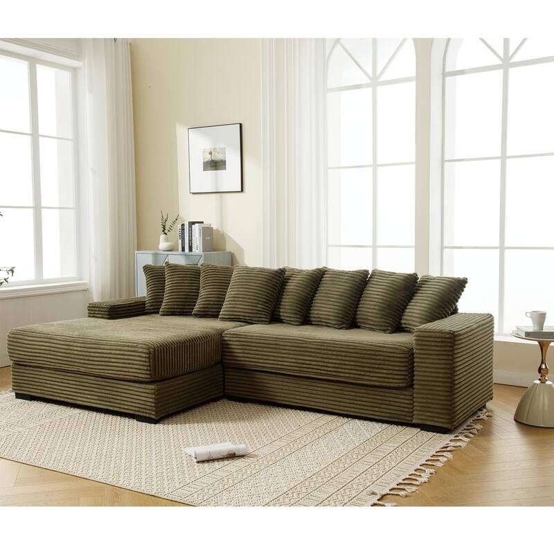 L Shaped Modular Sectional Sofa with Chaise, Oversized Corduroy Upholstered Sleeper Sofa, Floor Corner Sofa with Throw Pillows