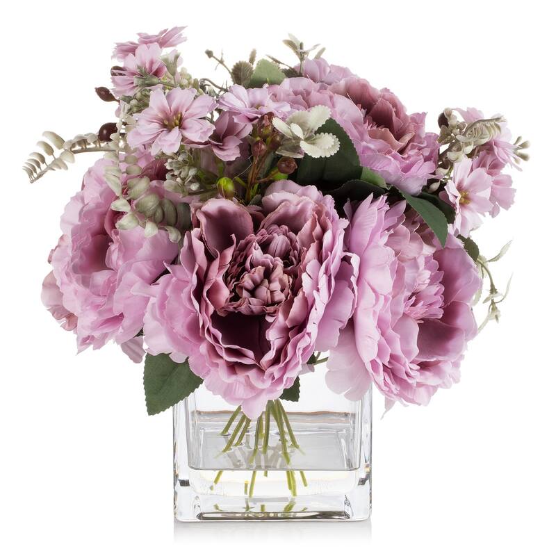 Mixed Silk Peony Artificial Flowers in Vase with Faux Water, Silk Flower Arrangements in Vase for Home Decor, Wedding Table - Purple