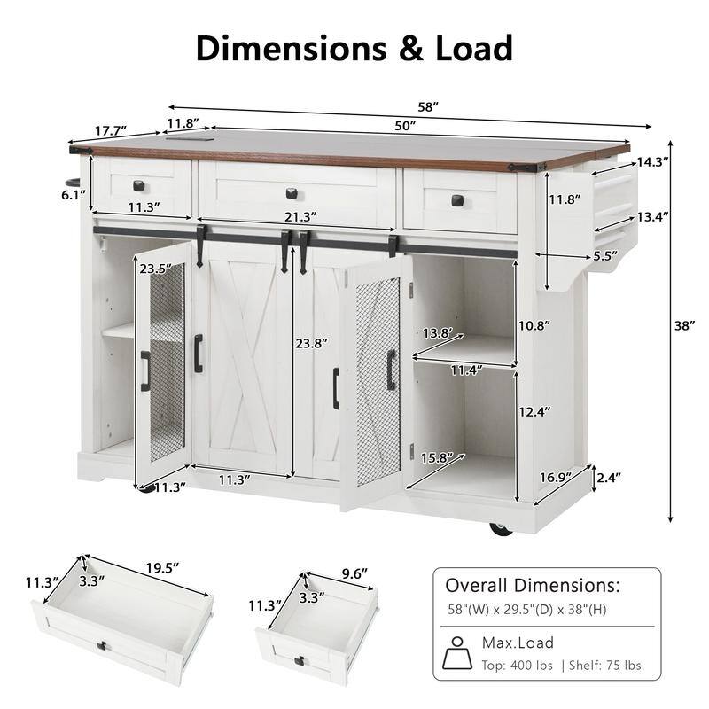 Farmhouse 58" Kitchen Island with Drop Leaf, Rolling Kitchen Island on 5 Wheels with Sliding Barn Door and Adjustable Shelves