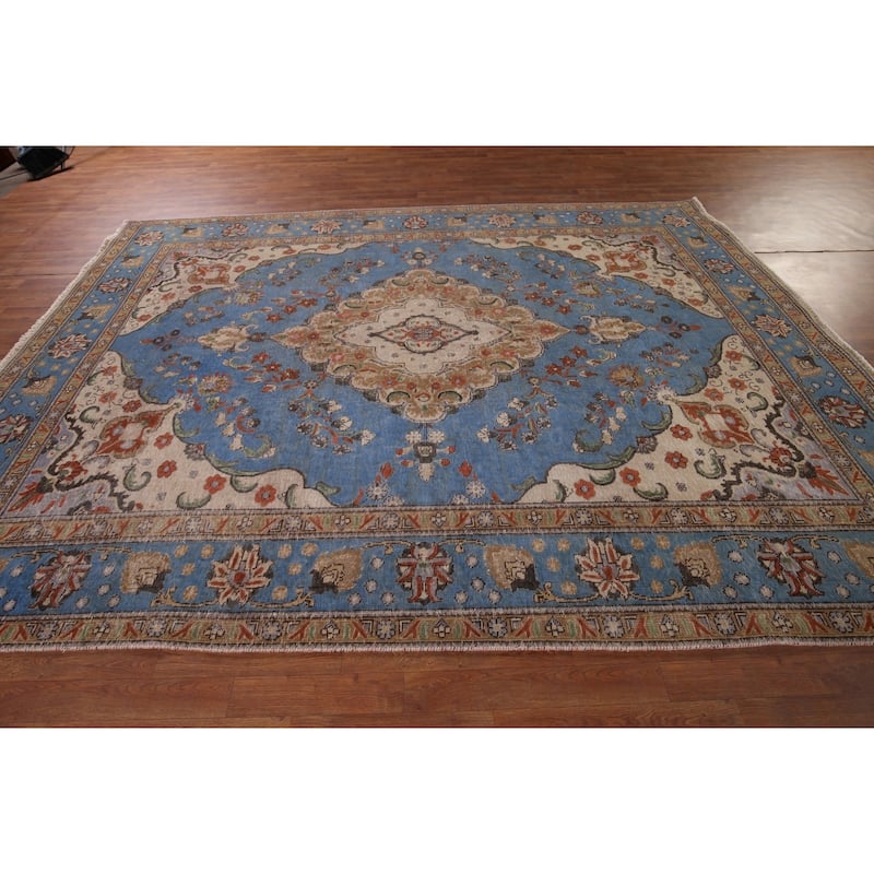 Distressed Blue Tabriz Vintage Persian Area Rug Handmade Wool Carpet - 8'1" x 11'2"