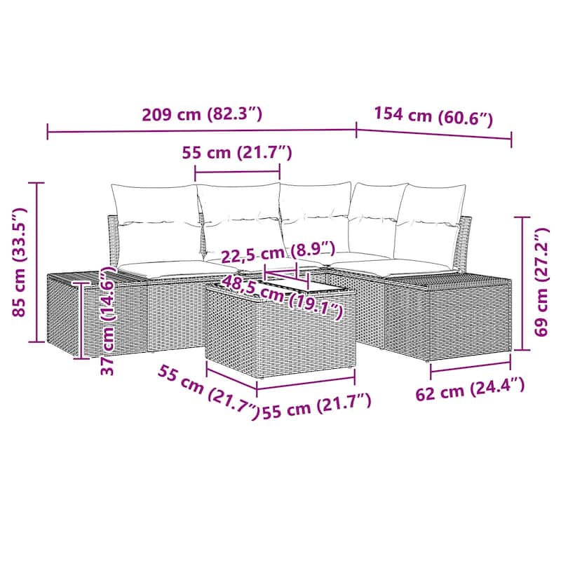 vidaXL 5 Piece Garden Sofa Set with Cushions - 82.3×60.6×27.2