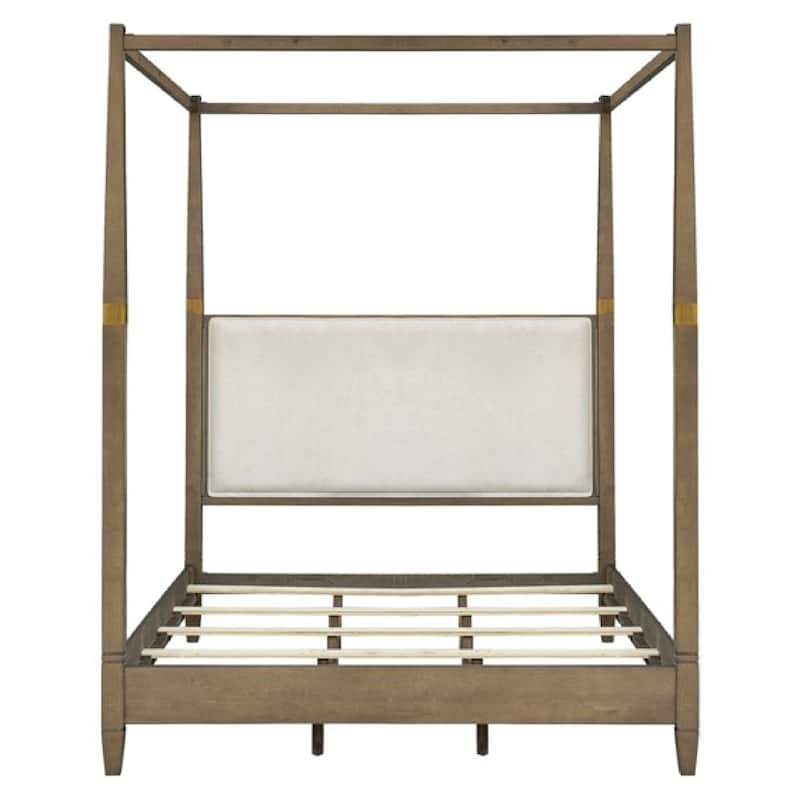 Roomfitters Modern Queen Canopy Bed Frame, Brown Solid Wood with Upholstered Headboard and Gold Metal Accents for Bedroom