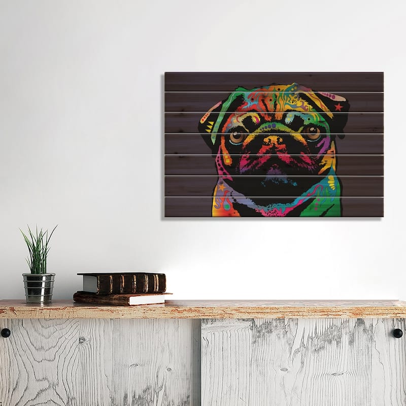 Rainbow Pug On Plum Grey Print On Wood by Michael Tompsett - Multi-Color