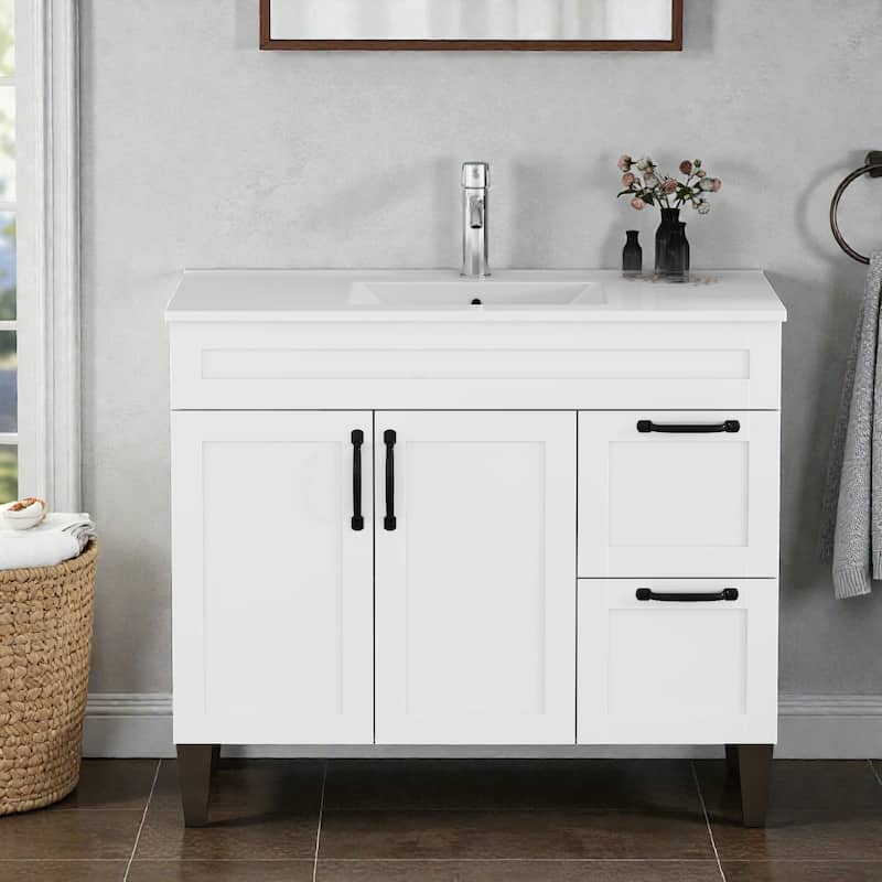 39.8" Bathroom Vanity with Sink Combo, 2 Doors and 2 Large Drawers, Soft-Close Cabinet with Black Hardware - White
