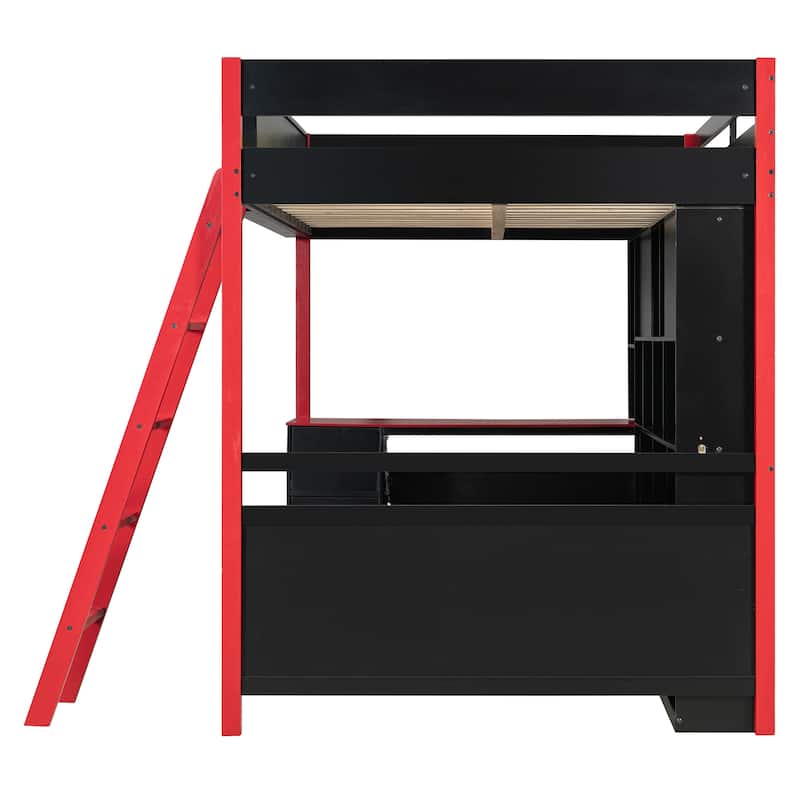 Full Size Wood Loft Bed with Desk, Storage & Light