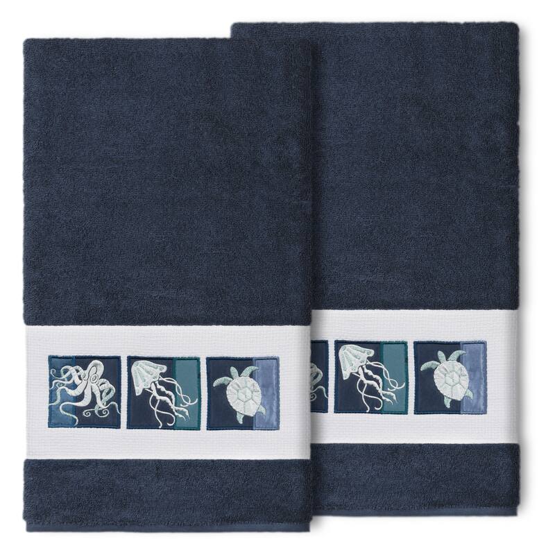 Authentic Hotel and Spa 100% Turkish Cotton Ava 2PC Embellished Bath Towel Set - Midnight Blue