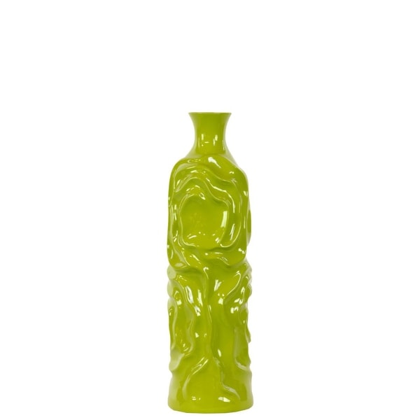 Cylindrical Shape Ceramic Vase With Wrinkled Sides, Medium, Green