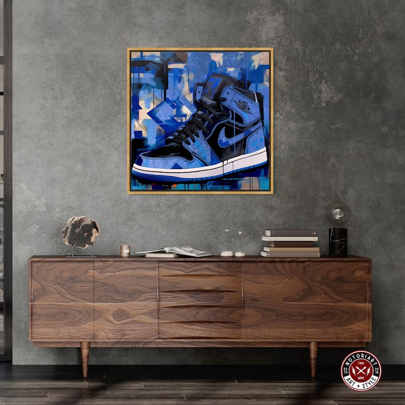 Notoriart Blue Brush Sneakers Framed Sneaker 1 Piece Canvas Wall Art