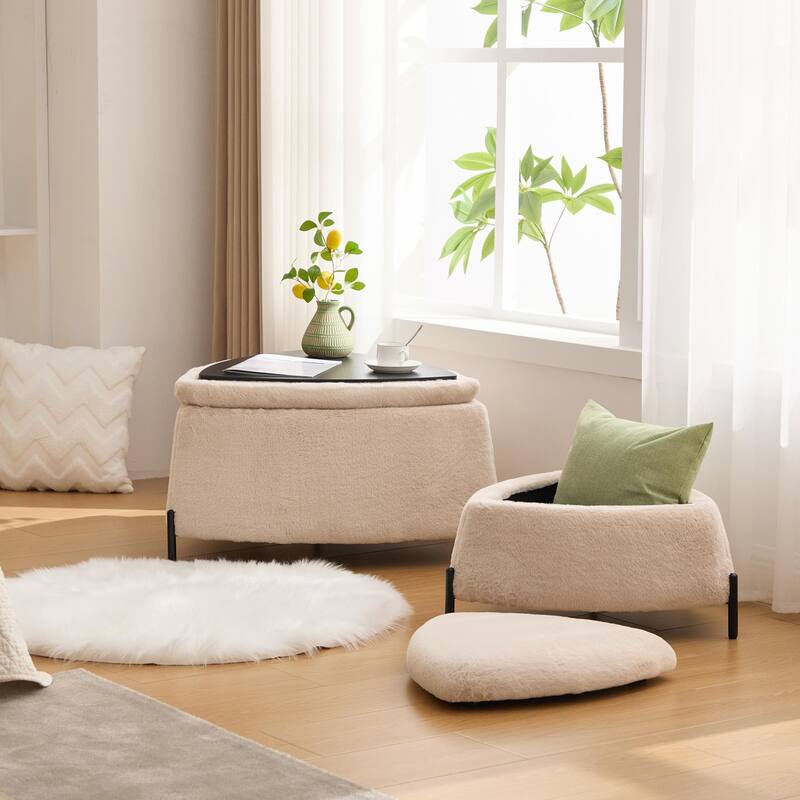 2 Piece Fabric Storage Footstool Set Footstool Shoe Stool with Metal Legs - Light Camel