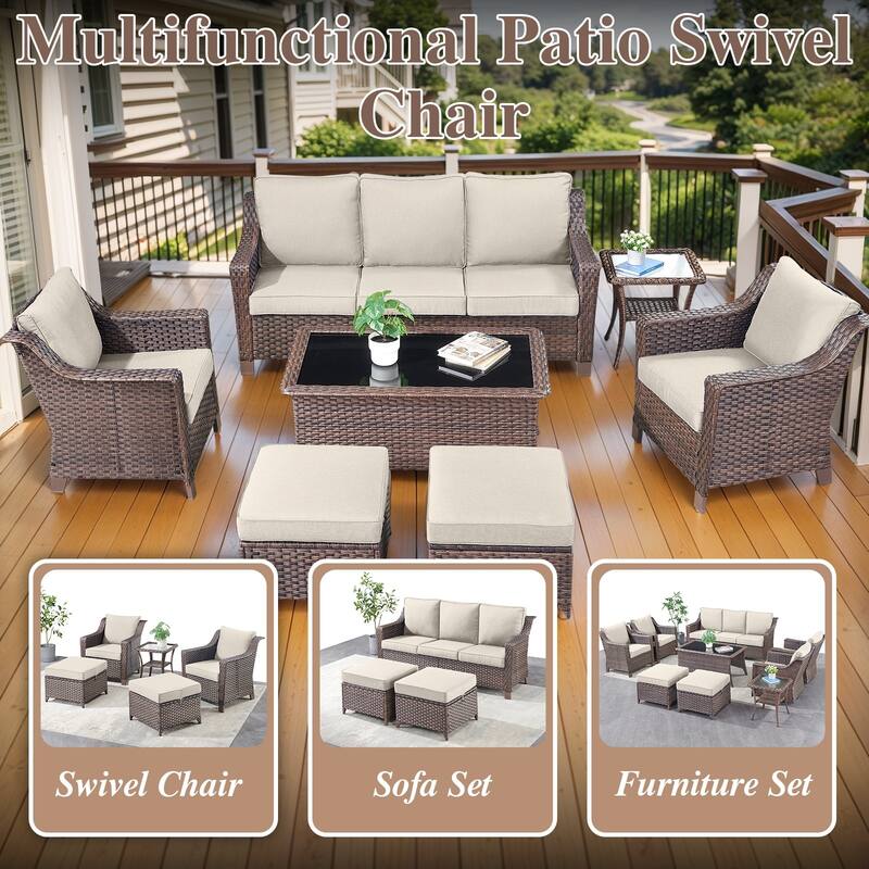 Patio Rattan Footstool with Cushions - Brown