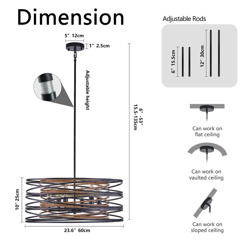 24" Rustic Industrial Pendant Light, 6-Light Black and Walnut Metal Cage Chandelier with Wood Accents (No Bulbs)