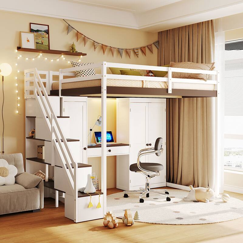 Full Size Loft Bed Frame for Kids with Storage Staircase, Wardrobe, Cabinets, USB, LED and Dressing Table with Mirror and Drawer