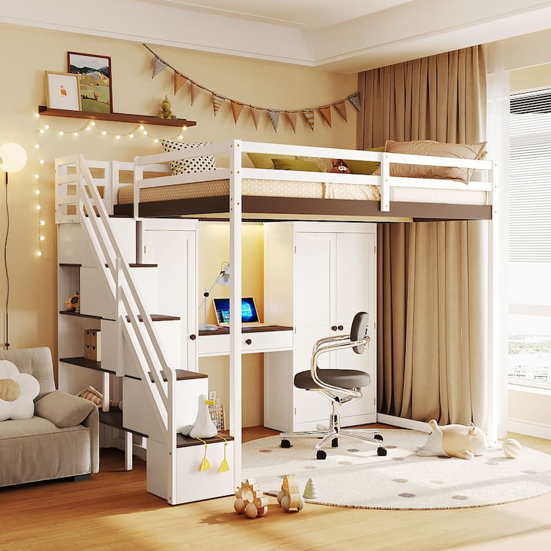 Full Size Loft Bed with Storage Staircase, Built-in Dressing Table, Mirror & Wardrobe - USB Charging & Lights - White + Walnut