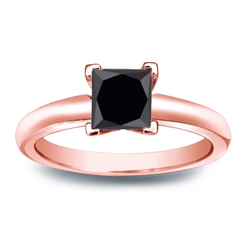 Auriya 14k Gold 1/2ctw Princess-cut Solitaire Black Diamond Engagement Ring - 4 - Rose