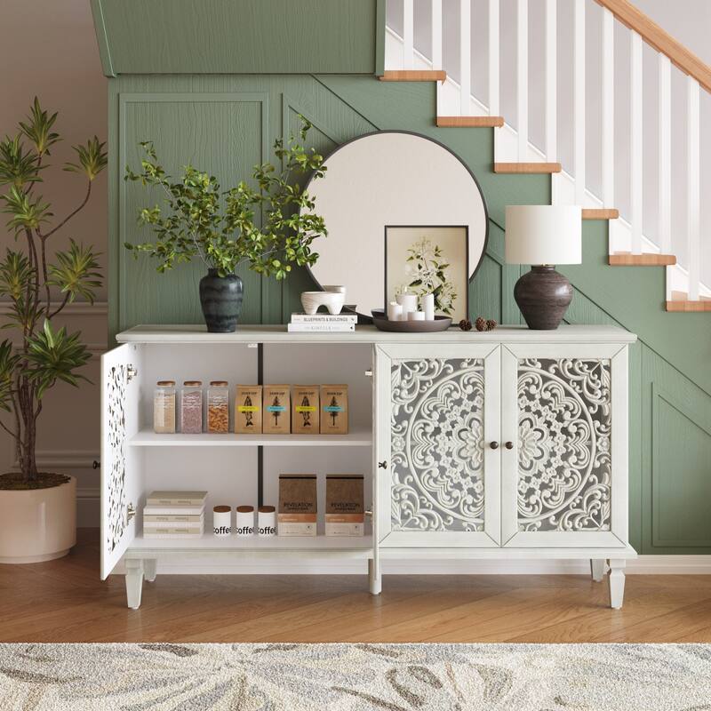 Buffet Cabinet with Floral Carvings with Solid Wood Legs&Antique Brass Handles&Adjustable Shelves,