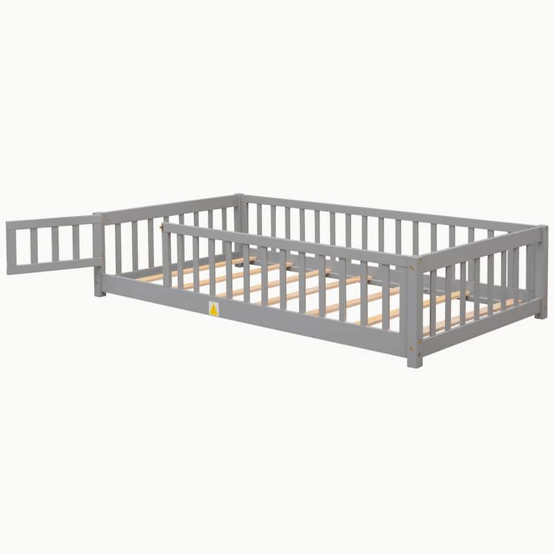 Pine Wood Floor Platform Bed with Fence and Door