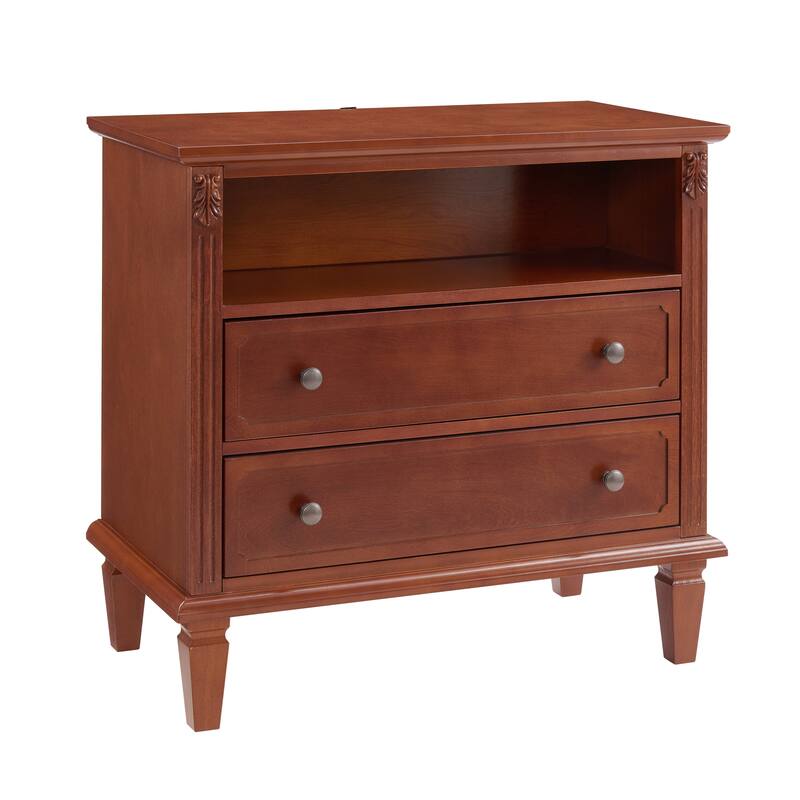 Farmhouse 2-Drawer Dresser Nightstand with Charging Station, USB Ports, Open Shelf & Solid Wood Legs