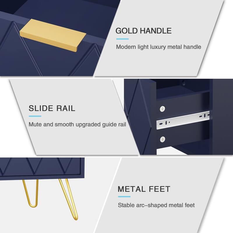 2 Drawers Nightstand Metal Legs End Side Table Bedside Table
