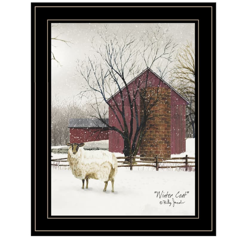 TrendyDecor4U Farmhouse "Winter Coat" Framed Print Wall Art by Billy Jacobs - Red, White, Brown, Tan, Black, Earth Tones, - Black