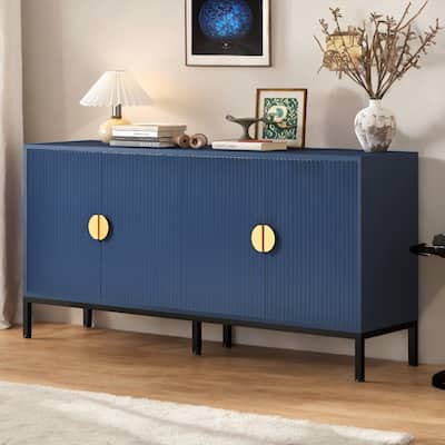 Vertical-Striped Sideboard with Metal Legs and Semi-Circular Handles, Navy Blue