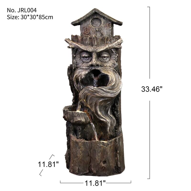 3-Tier Cascading Tree Trunk Water Fountain with LED Lights for Patio and Garden