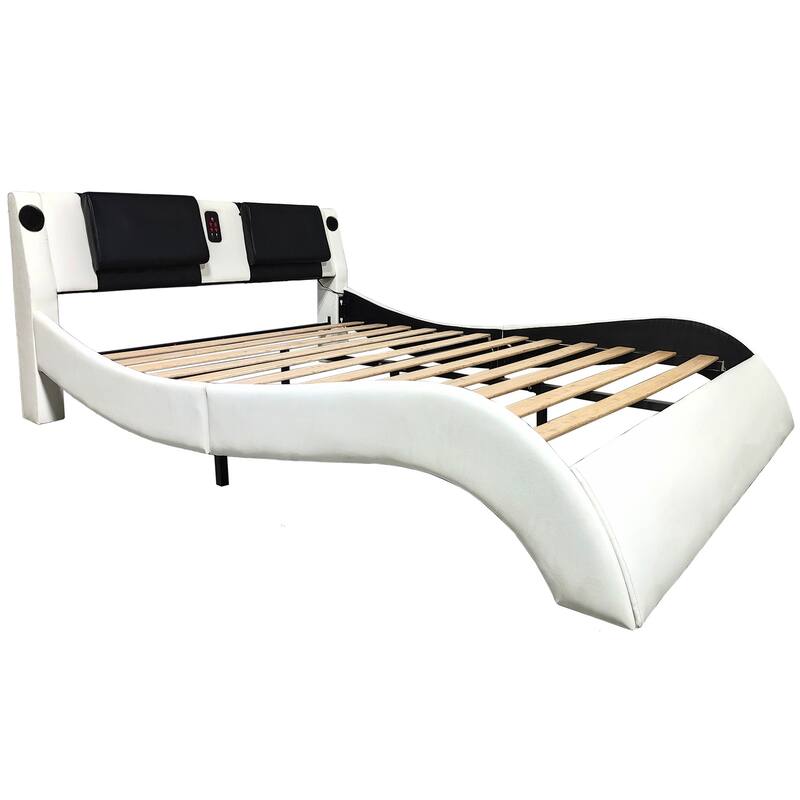 King Size Faux Leather Upholstered Platform Bed with LED Lighting and Wood Slat Support