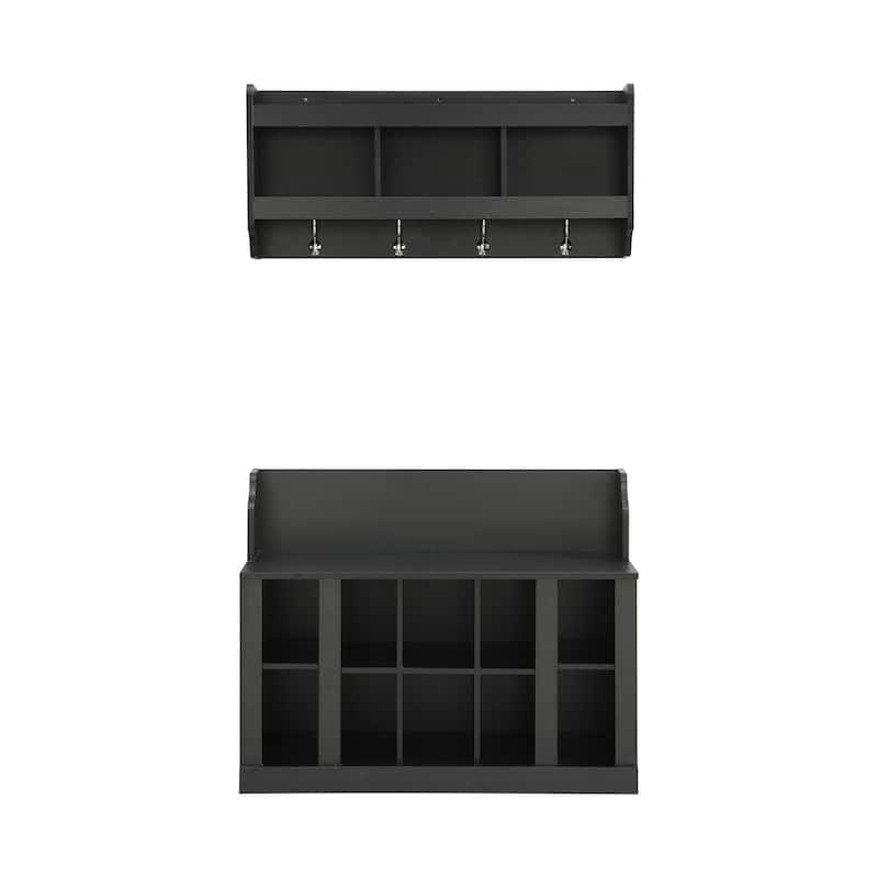 Shoe Storage Bench with Shelves and 4 Hooks, Elegant Entryway Bench with Wall Mounted Coat Rack for Foyer Hallway