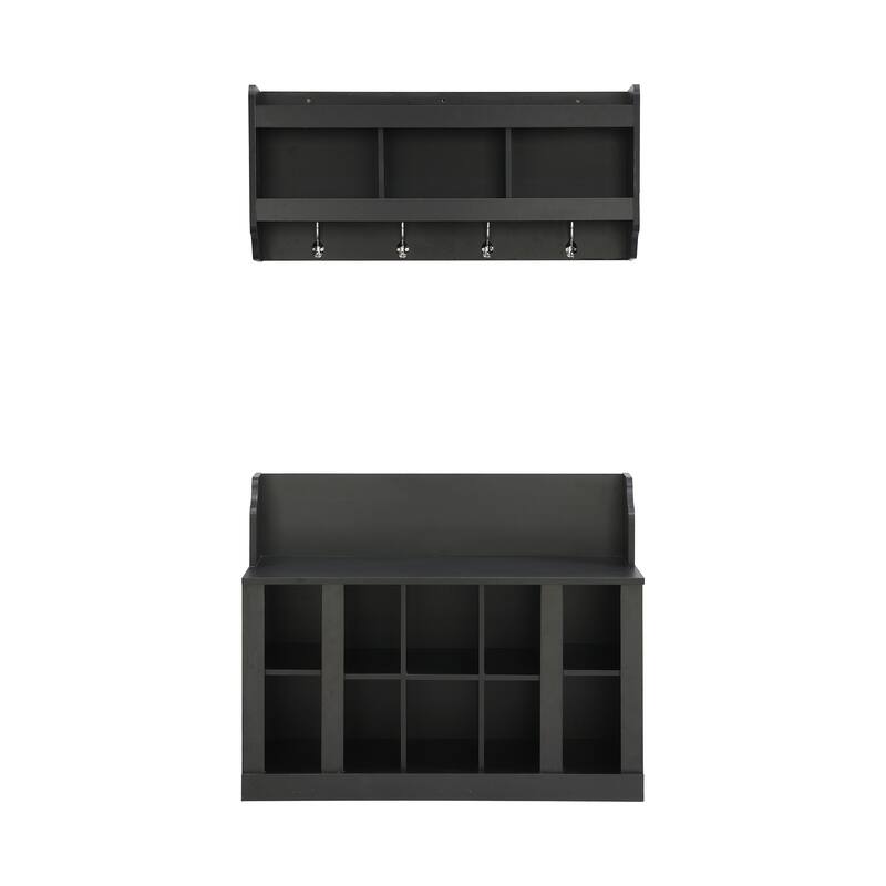 Shoe Storage Rack for Front Door Entrance, Wood Bench Wall Mounted Coat Rack with Shelves, 4 Hooks Hall Tree Shoe Bench