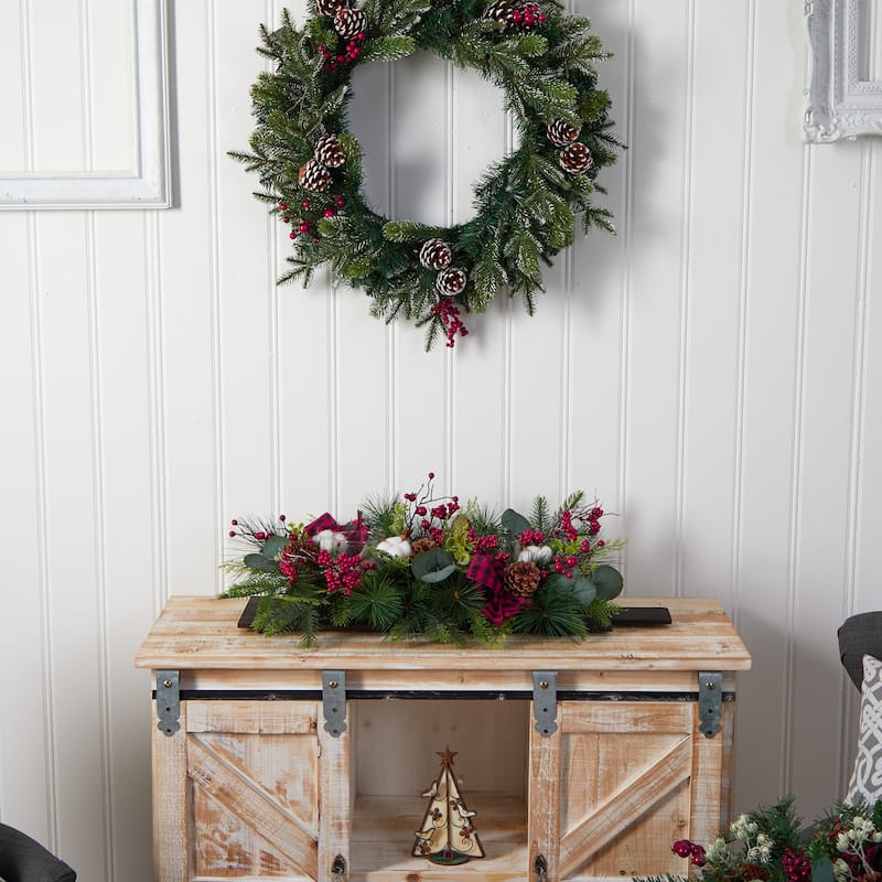 24” Artificial Berries and Pinecones with Bows Christmas Candelabrum