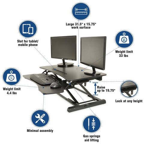Conquer Height Adjustable Standing Desk Monitor Riser Gas Spring Tabletop Sit to Stand Workstation, 31.5"