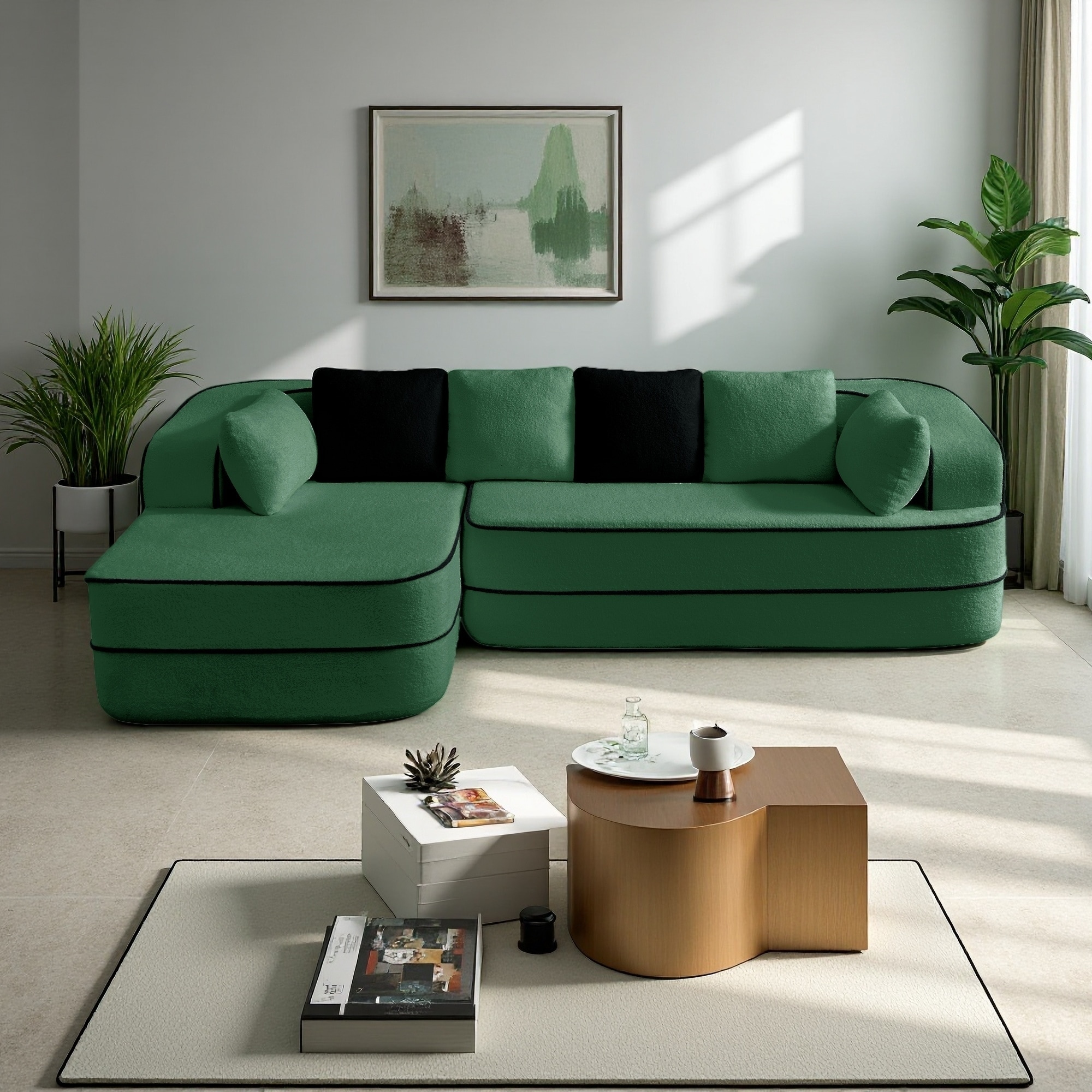 105.9" Teddy Fabric L-Shaped Modular Sofa with Chaise, No Assembly Required and Contrast Color Design