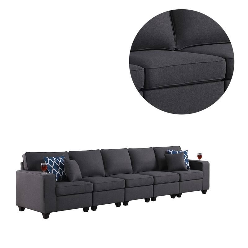 Linen Upholstered 5-Seater Sofa with 2 Cupholder in Dark Gray
