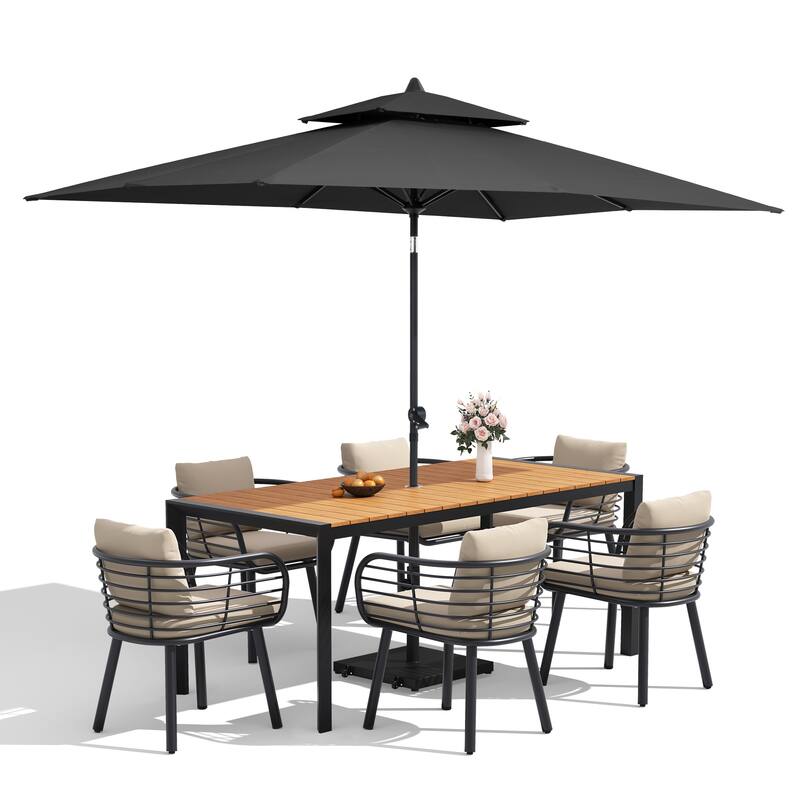 9/11-Piece Outdoor Dining Set w/10 ft Umbrella and Base Aluminum Dining Table and Chairs with Sunbrella Cushions