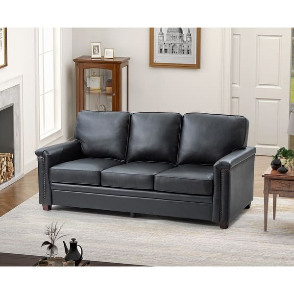 slide 2 of 46, Rita Living Room 3-Seat Genuine Leather Sofa with Solid Wood Legs and Nailhead BLACK