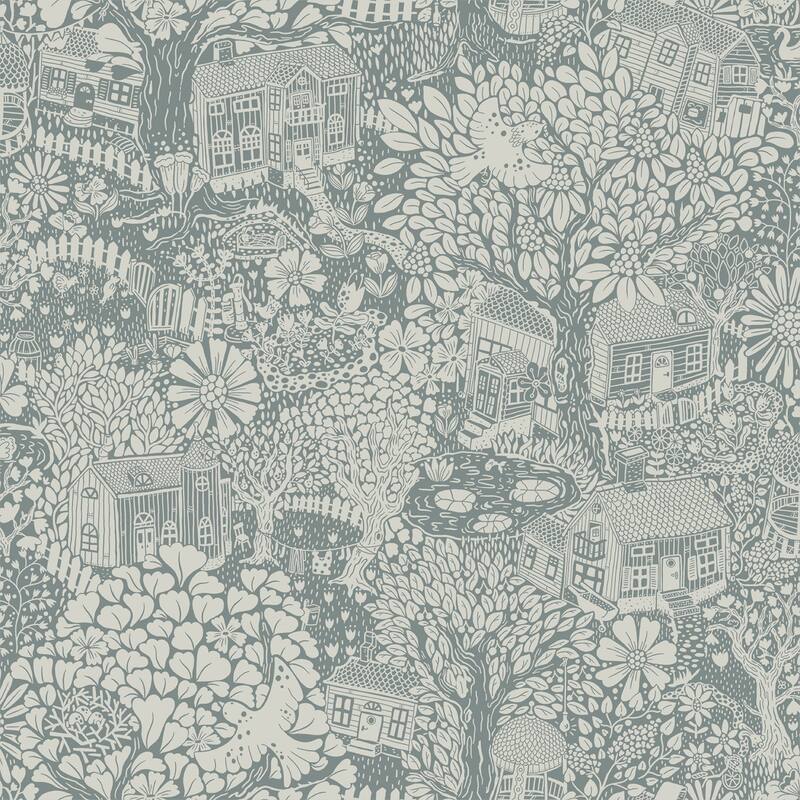 Botanical Gainesville Bygga Bo Neutral Woodland Village 33 ft L X 20.9 in W Wallpaper. - Blue