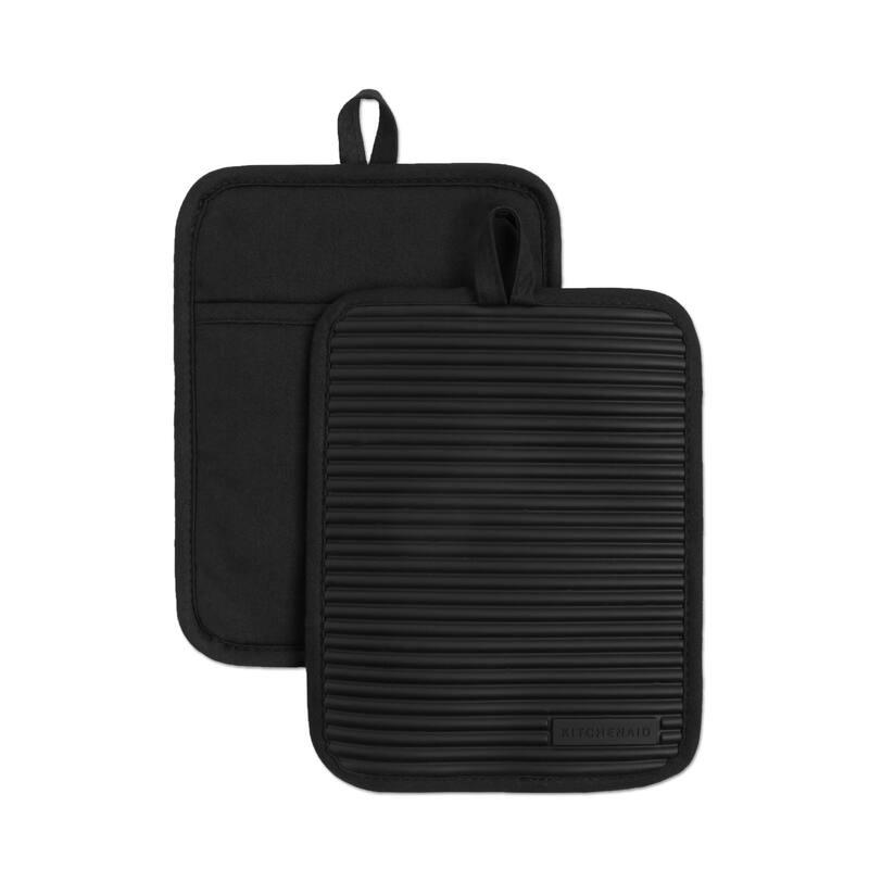 KitchenAid Ribbed Soft Silicone Pot Holder 2-Pack Set, 7"x9" - Matte Black