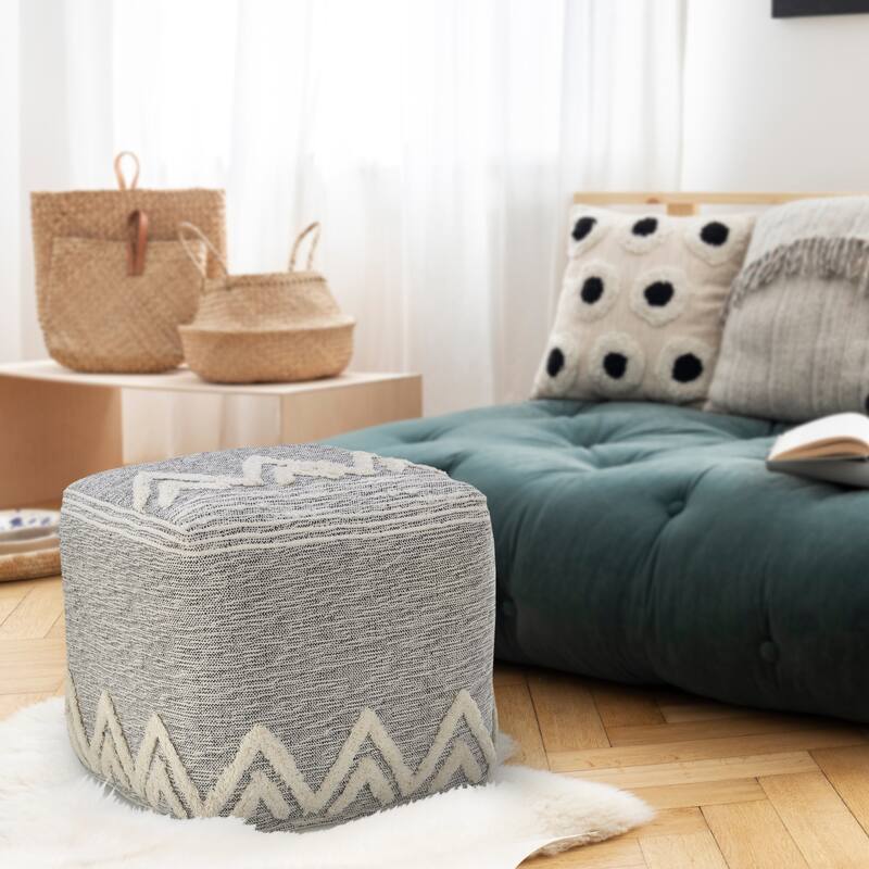 16" Modern Grey Pouf Ottoman with Abstract Pattern and Upholstered Floor Seat Footrest and Decor