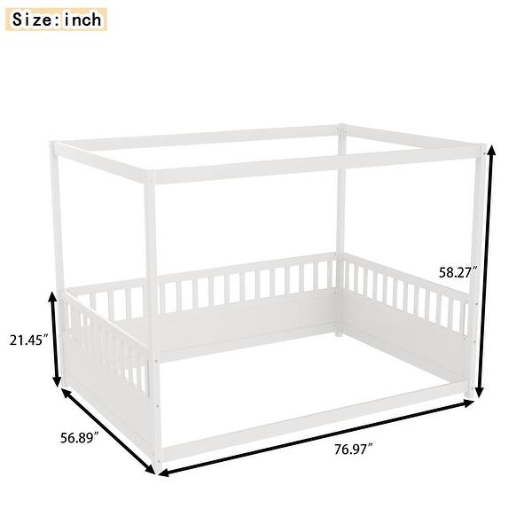 dimension image slide 1 of 2, Full Size Canopy Bed Frame with Guardrails,Floor Bed Full with Four Poster Design,Kids Floor Bed,Wood Canopy Bed Frame