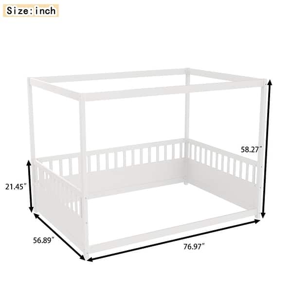 dimension image slide 1 of 2, Full Size Deluxe Edition Wood Canopy Bed Frame with Guardrails Floor Bed and Four Poster Design for Kids Girls Boys
