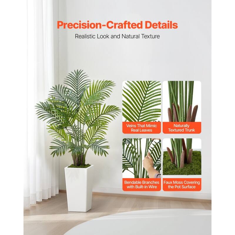 Green Lifelike Faux Areca Palm Tree with Moss-Covered Planter for Indoor Plant Decoration