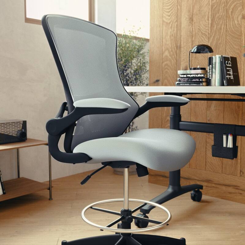 Mid-Back Ergonomic Drafting Chair with Adjustable Foot Ring and Flip-Up Arms