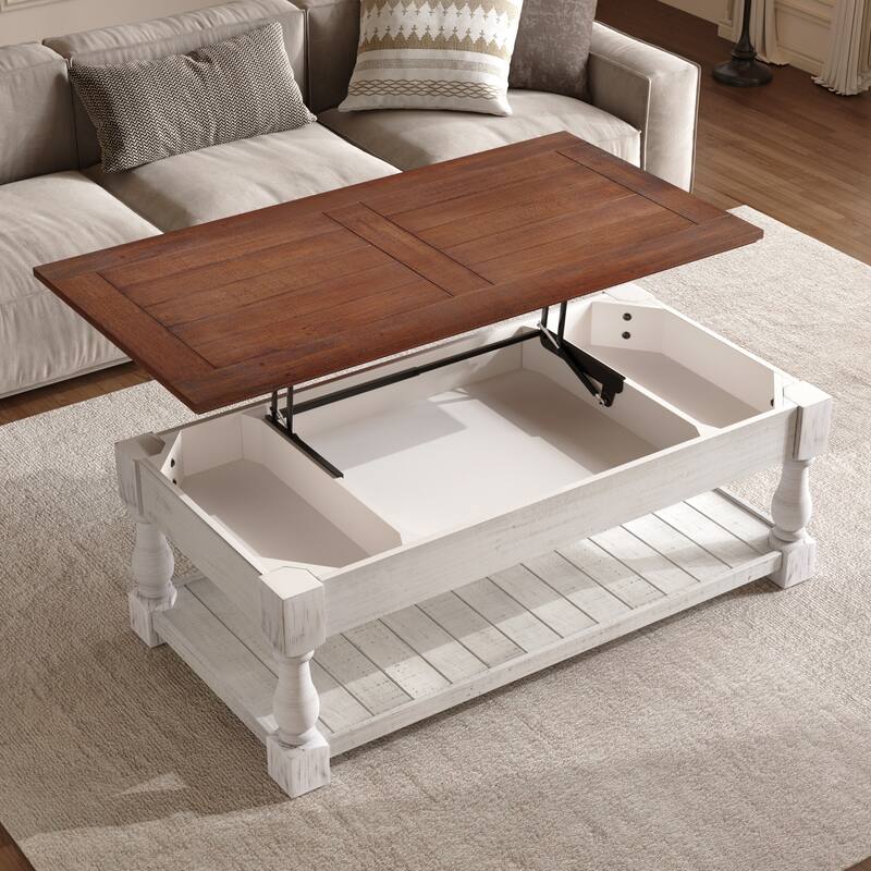 Roomfitters 41" Farmhouse Lift Top Coffee Table, Wood Center Table with 3 Storage Trays and Lower Shelf