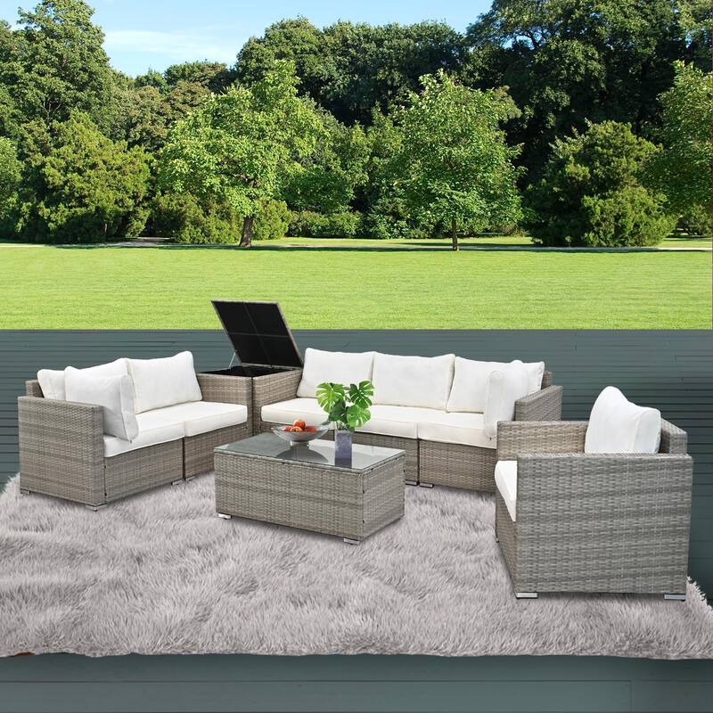 8-Pieces Wicker Outdoor Sectional Set with Glass Coffee Table and Cushions