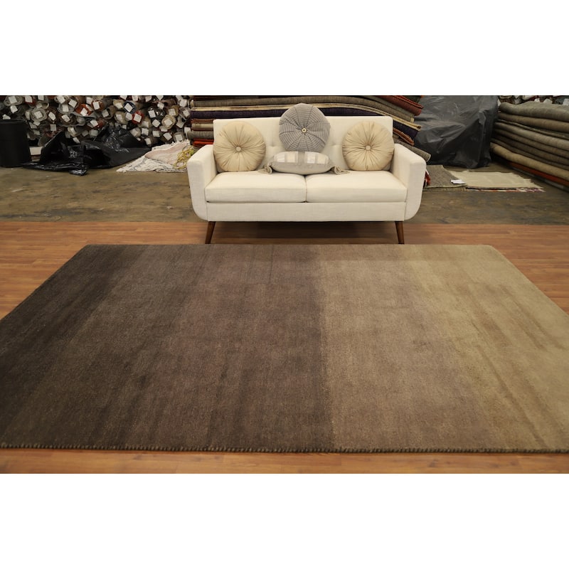 Hand Knotted Oriental 100% Wool Carpet Modern Stripe Brown Gabbeh Area Rug - 9' 9'' X 6' 6''