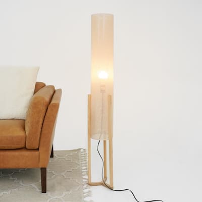 Kelly Modern Natural Wood Floor Lamp with Faux Linen Shade