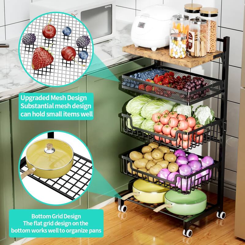 5 Tier Fruit Basket Kitchen Storage Cart, Adjustable Fruit and Vegetable Basket, Wooden Top Table Fruit Rack