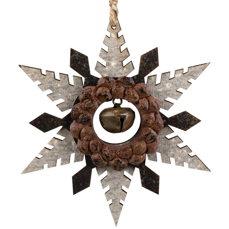 Snowflake with Jingle Bell Wooden Christmas Ornament - 6" - Brown and Beige