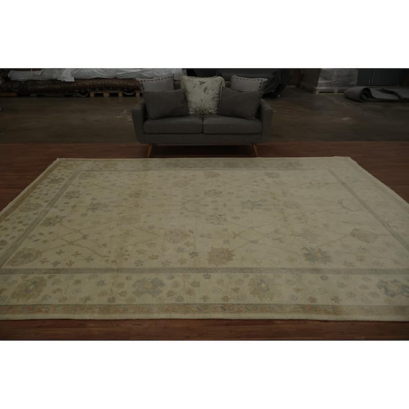 Hand Knotted Oriental 100% Wool Carpet Transitional Floral Beige & Ivories Oushak Area Rug - 12' 0'' X 8' 10''